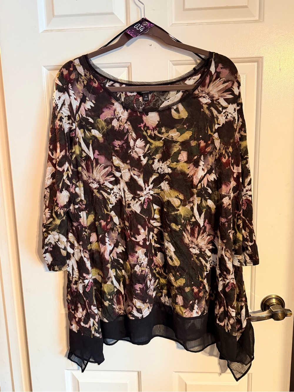 Simply Vera Vera Wang Black Floral Tunic with Pink and Green Accents